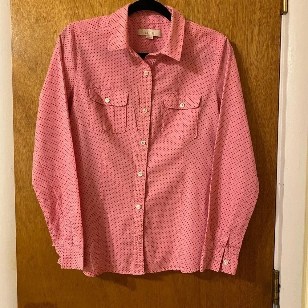 Loft Ann Taylor Women’s Pink/ Black Polka Dot Button Down Cotton Girliecore Top